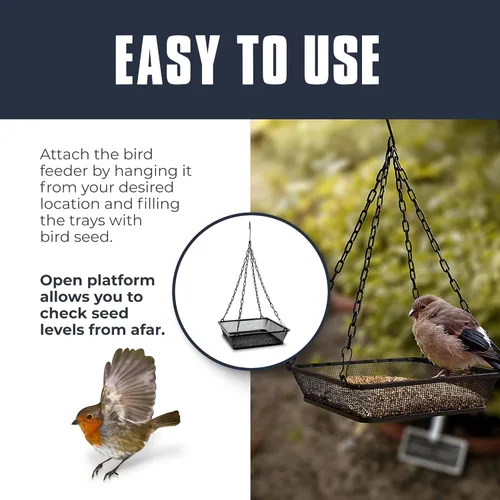 Miniatura 5 de Monarch Abode Comedero colgante para pájaros al aire libre – Comedero colgante para pájaros con bandeja de semillas de malla de hierro para pájaros