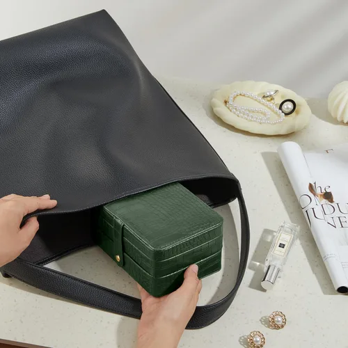 Miniatura 5 de Estuche organizador de joyas de viaje de piel sintética para mujeres y niñas, joyero portátil de 2 capas para aretes, anillos, collares, pulseras