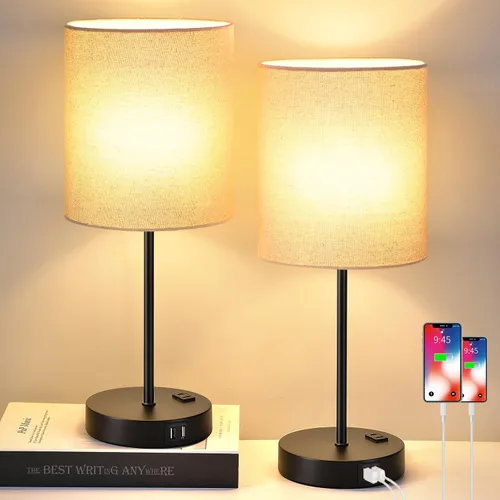 Lynnoland Juego de 2 lámparas de mesa color beige táctiles con 2 puertos USB y salida de CA, lámparas de mesita de noche regulables de 3 vías para