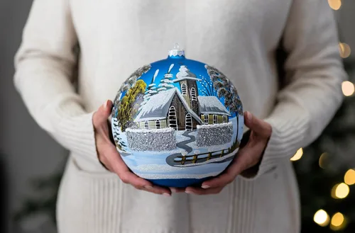 Miniatura 3 de Adorno navideño de capilla azul con soporte, bola de vidrio soplado polaco pintada a mano, bola extra grande de 8 pulgadas/200mm, adorno de fe eterna