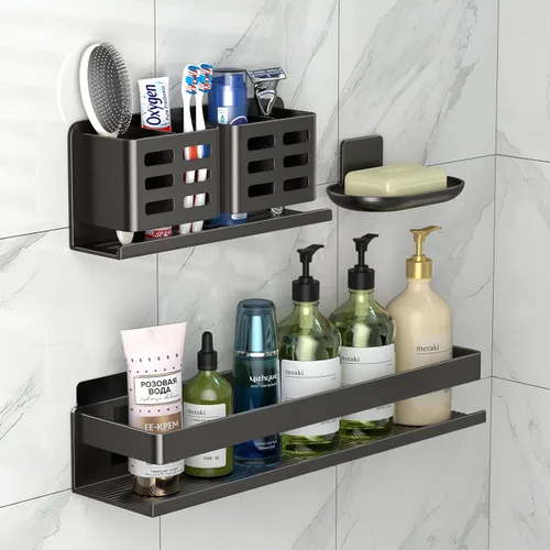 Miniatura 8 de Organizador de Ducha Paquete de 2 - Estante de Ducha para Baño a Prueba de Óxido de Aluminio Instalación Adhesiva Sin Perforación Requerida