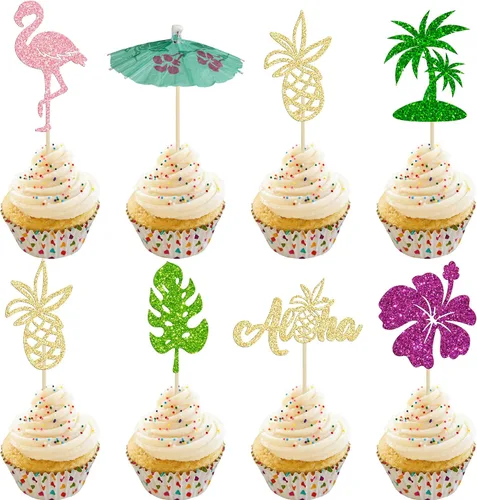 Miniatura 14 de 36 piezas de adornos para cupcakes de piña verde con purpurina verde para Luau despedida de soltera, fiesta de verano tropical, decoración
