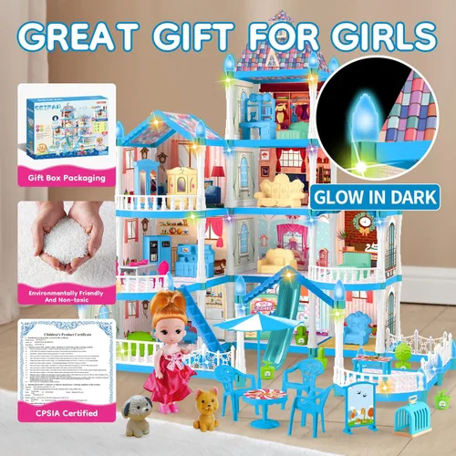 Miniatura 2 de Seifar Casa de muñecas para niñas, 10 habitaciones, juguete de casa azul con figuras de muñecas, cachorros, luces, muebles, accesorios, casa