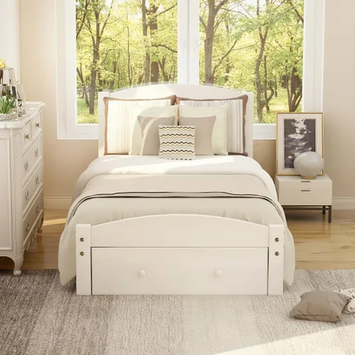 Miniatura 12 de SOFTSEA Base de cama de tamaño individual con cajones de almacenamiento, plataforma de madera maciza moderna de mediados de siglo con cabecero,