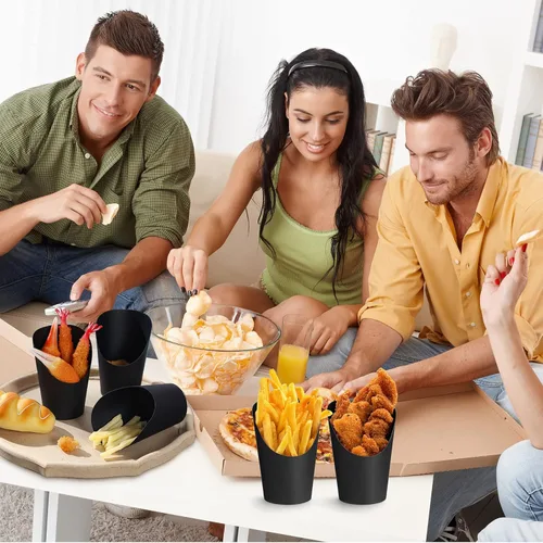 Miniatura 5 de Sieral 100 tazas de embutidos negros de 14 onzas desechables para papas fritas con soporte para papas fritas de papel, conos de charcutería, gofres