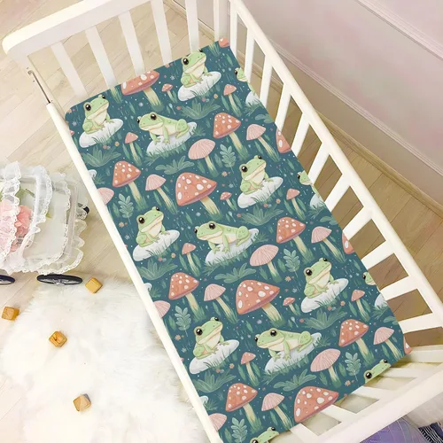 Miniatura 6 de Sábanas bajeras para cuna, sábanas para cuna de niños y niñas, con diseño de ranas y hongos, para colchón de niños pequeños, sábana de juego