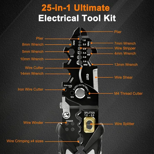 Miniatura 3 de Herramienta pelacables mejorada 2026, crimpadora de corte multifuncional 25 en 1 y llave de perno de tuerca, cables de 16 AWG a 3 AWG, pelacables
