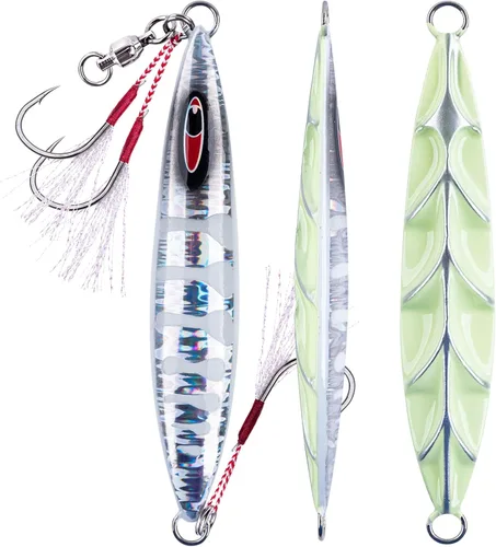 Goture Señuelo artificial vertical de caída plana lenta con plomo luminoso de agua salada, señuelo de pesca con dos ganchos Mustad de asistencia