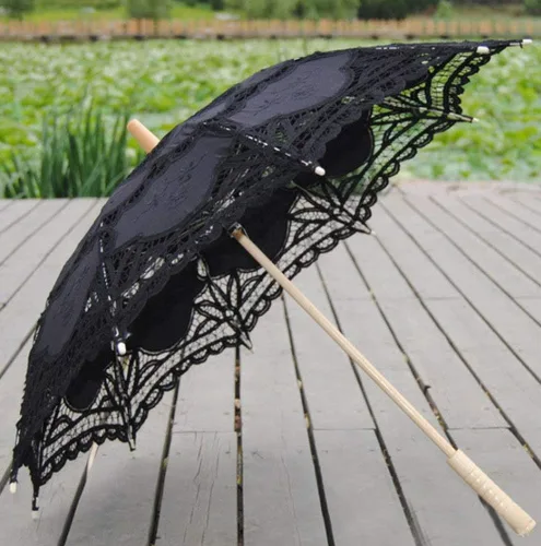 Miniatura 2 de Sombrilla de encaje para boda para novia de algodón a la moda con mango de madera color negro