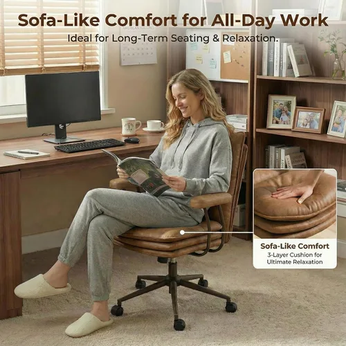 Miniatura 3 de Silla de oficina marrón con asiento ancho grueso de triple capa, silla de escritorio de cuero con respaldo medio con ruedas y brazos, silla