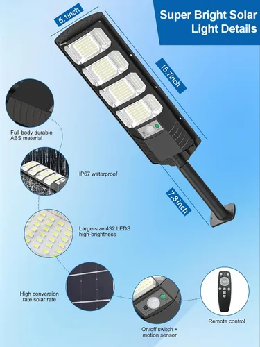 Miniatura 2 de 432LEDS - Farola solar para exteriores IP67Waterfroof, 6500K luces solares de inundación al aire libre del atardecer al amanecer, sensor