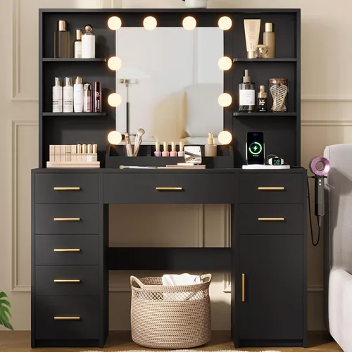 ELYKEN Tocador Moderno con Espejo y Luces, Mesa de Maquillaje con Tablero de Vidrio y Enchufe Eléctrico, Tocador con 6 Estantes de Almacenamiento, 8