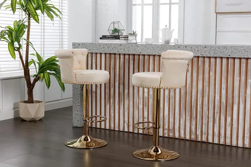 Miniatura 5 de Juego de 2 taburetes de bar giratorios de terciopelo de 360°, butacas ajustables para barra de cocina con respaldo de clavos, base dorada