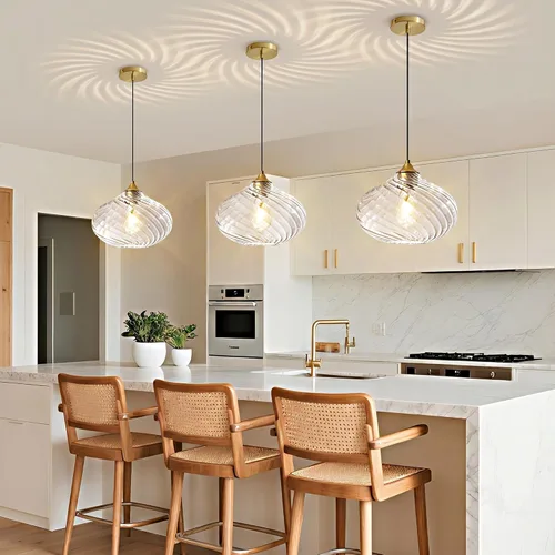 Miniatura 6 de Glass Pendant Lights Kitchen Island, 11'' Brass Gold Pendant Lighting Fixtures, Modern Hanging Ceiling Light with Striped Clear Glass Shade for