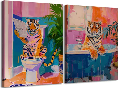 Miniatura 11 de Divertido Juego de Arte de Pared de Gato Negro para Baño de 2 Piezas, Pinturas Decorativas de Pared de Gato Negro Ecléctico en Baño, Póster
