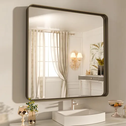Miniatura 94 de WEER - Espejo de baño dorado, espejo de 40x32 pulgadas con marco de metal dorado cepillado, espejo de tocador de baño de oro para pared