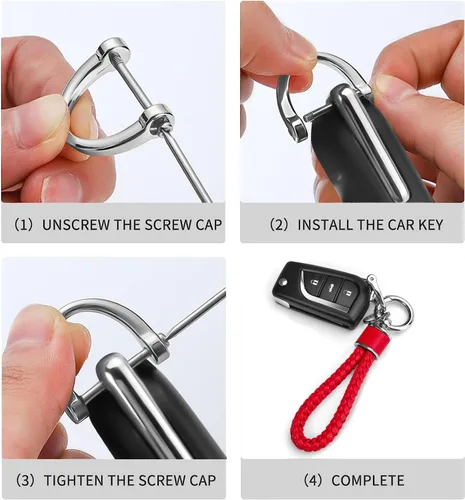 Miniatura 6 de Tukellen Llavero de tejido de cuero para automóvil, llavero de regalo para mujer, con anillo en D giratorio de 360 grados y destornillador, Rojo