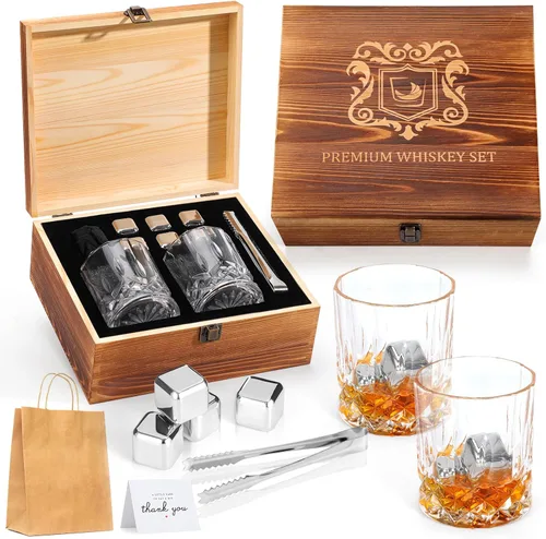 Juego de vasos de whisky, juego de regalo de cumpleaños para hombre, piedras de whisky, vidrio de roca de bourbon con caja de regalo de madera,