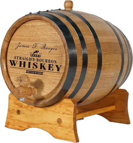 Barril de roble envejecido personalizado de 1 litro con soporte, bung y espita – Barril de madera de whisky y bourbon para el hogar cervecero y