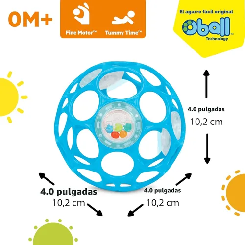 Miniatura 7 de Bright Starts Oball Sonajero de fácil agarre sin BPA para bebé en azul, edad recién nacido y más, 10 cm