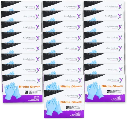 Lightning X Products Par de guantes de nitrilo azul, empaquetados individualmente, 100 guantes, 50 pares, 25 paquetes con tarjetas de 2 pares,