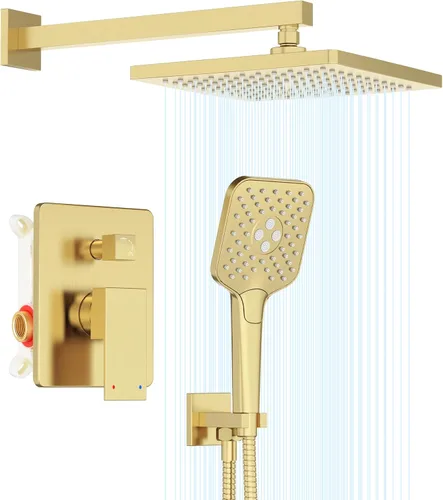 Gabrylly Sistema de ducha dorado, juego de grifo de ducha montado en la pared para baño con cabezal de ducha de lluvia de alta presión de 10 Oro
