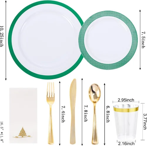 Miniatura 2 de Ciaell 175 platos de plástico de Navidad, los juegos de platos de plástico blanco y verde incluyen 25 platos de cena, 25 platos de postre, 25