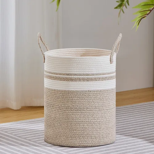 Miniatura 25 de VIPOSCO Cesta de lavandería grande, cesta de almacenamiento de cuerda tejida alta para mantas, juguetes, ropa sucia en la sala de estar, baño, Rayas