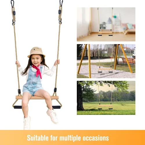 Miniatura 5 de Columpio de trapecio de madera con anillos de gimnasio para niños, juego de columpios para interiores y exteriores, jardín, patio, parque infantil