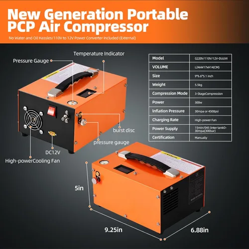 Miniatura 5 de Compresor de aire PCP, 4500 PSI/30 MPa, Fuente de alimentación dual 12V CC/110V CA, Bomba de inflado rápido sin aceite, Compresor de aire portátil