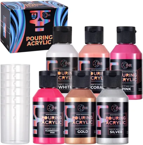 Miniatura 8 de OPHIR Total 22.8OZ Set de Pintura Acrílica para Verter, 3 Suministros de Pintura Acrílica Premezclada para Verter en Negro y 3 en Blanco, para Juego