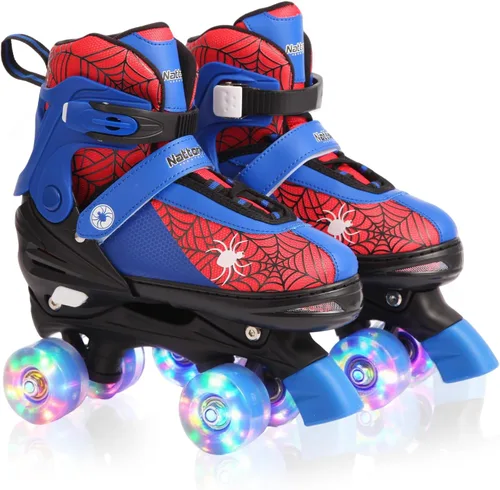 Patines de ruedas Nattork para niños y niñas, patines cuádruples ajustables en 4 tallas para niños con ruedas iluminadas, genial regalo de rojo azul