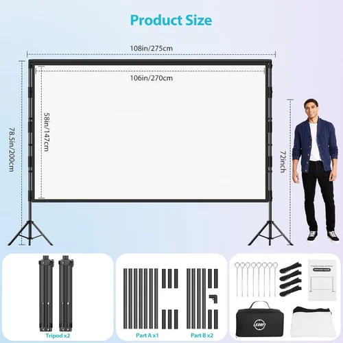 Miniatura 6 de Pantalla de proyector para exteriores con soporte: LEORFI Pantalla de proyección negra de 120 pulgadas para interiores - Pantalla de película