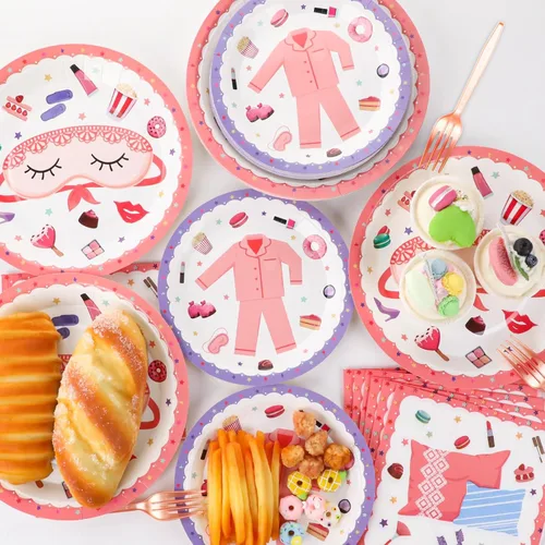Miniatura 5 de Juego de platos de pijama, servilletas para fiesta de pijama, vajilla de fiesta de spa, cubiertos para niñas, decoración desechable para 24 invitados