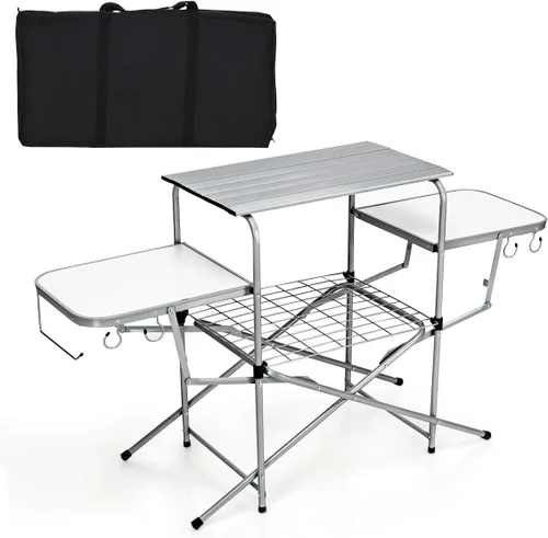 Miniatura 5 de GYMAX Mesa de campamento plegable de aluminio, mesa de parrilla al aire libre con mesa auxiliar, ganchos y bolsa de transporte, mesa de picnic