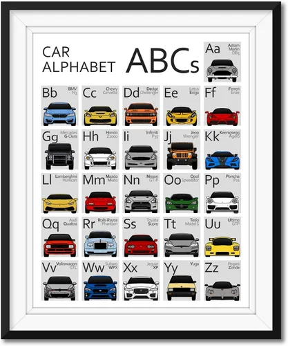ABC - Póster de automóvil – Impresión hecha a mano de la A a la Z – Impresión satinada de 8 x 10 pulgadas (sin marco) – Regalo para los entusiastas