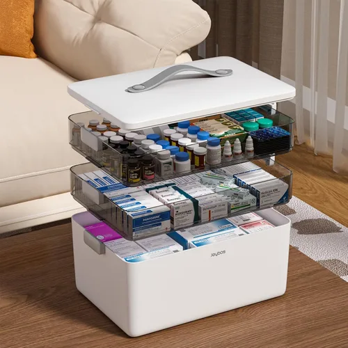 JOYBOS Caja de Almacenamiento de Medicamentos de 3 Niveles Gabinete, Kit de Primeros Auxilios Vacío, Organizador Portátil de Suministros Médicos con