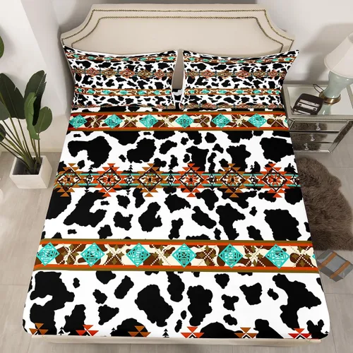 Miniatura 23 de Juego de ropa de cama de estilo bohemio occidental, tamaño individual, diseño de vaca atrapasueños, sábana bajera ajustable del suroeste, tribu