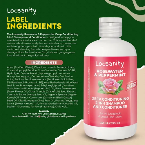 Miniatura 8 de Locsanity Agua de Rosas y Menta Champú y Acondicionador 2 en 1 para Todos los Tipos de Dreadlocks y Peinados – Champú y Acondicionador Hidratante