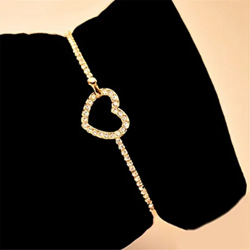 Miniatura 7 de JUNYY Delicada pulsera con dije de corazón hueco de diamantes de imitación para mujeres y niñas, pulsera de fiesta de cumpleaños (dorado)