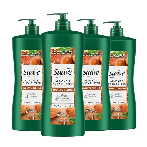 Suave Acondicionador hidratante con almendras y manteca de karité 100% natural, sin colorantes, sin parabenos, sin ftalatos, 28 onzas, paquete de 4
