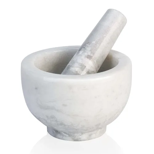Koville Juego de Mortero y Maja de Mármol, Tazón Triturador de 5"-1.5 Tazas para Guacamole, Salsa, Triturador de Pastillas, Especias, Hierbas, Ajo,