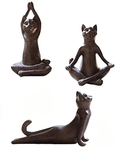 KiaoTime Juego de 3 estatuas de yoga de animales de resina rústica vintage marrón oxidado, estatua de yoga de gatito, estatua de yoga para sala de