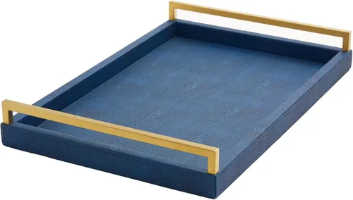 Miniatura 8 de Bandeja otomana de cuero de 17.8 x 11.8 pulgadas, bandeja grande para servir con asas doradas cepilladas para bares, fiestas, comedor, bandeja