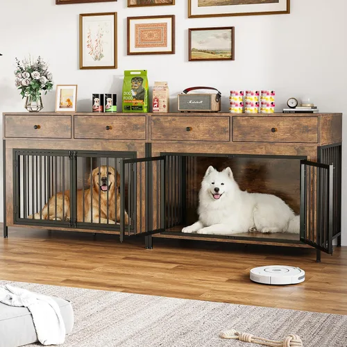 Miniatura 15 de LEMBERI Mueble de jaula para perros grande de 44 pulgadas, mesa auxiliar de madera para perros con cajones de almacenamiento, jaula decorativa