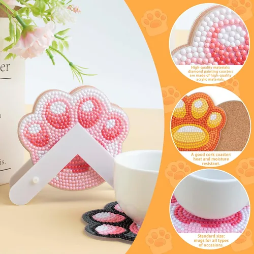 Miniatura 5 de MVVMTOP 6 posavasos de pintura de diamantes con soporte dimensional, formas especiales de bricolaje con forma especial de pata de gato, kits de arte