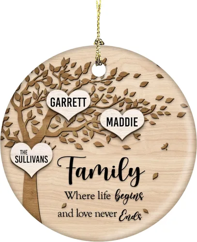 Miniatura 7 de Family Where Life Begins and Never Ends - Adorno de Navidad personalizado de cerámica de 3 pulgadas con caja de regalo (5 nombres)