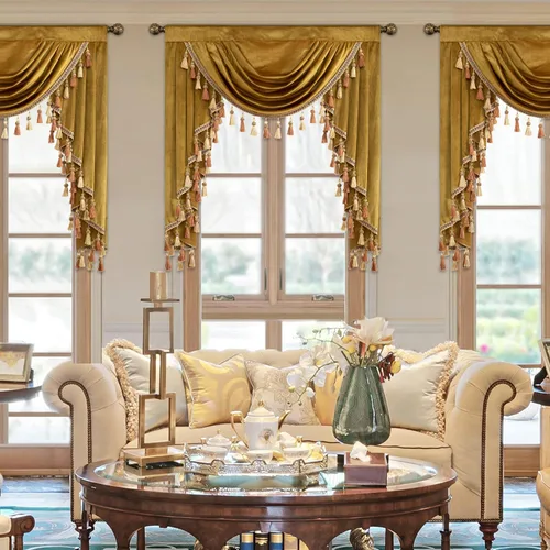 Miniatura 2 de VOGOL Cenefa de cortinas de terciopelo grueso para dormitorio, cenefas de cascada de lujo con aislamiento térmico dorado para sala de estar formal