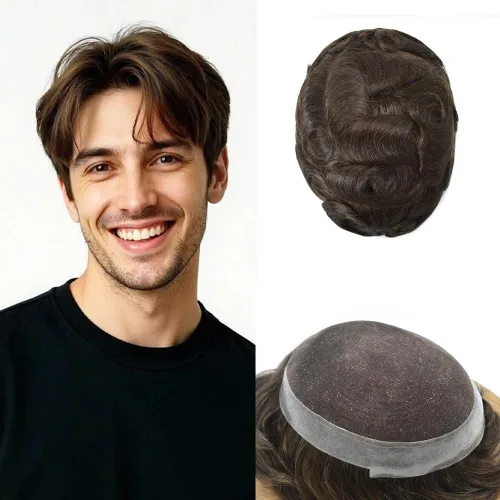 Miniatura 32 de Toupee para hombres Sistema de reemplazo de cabello humano real pieza de cabello humano para hombres encaje suizo para hombre Toupee Hair Pieces