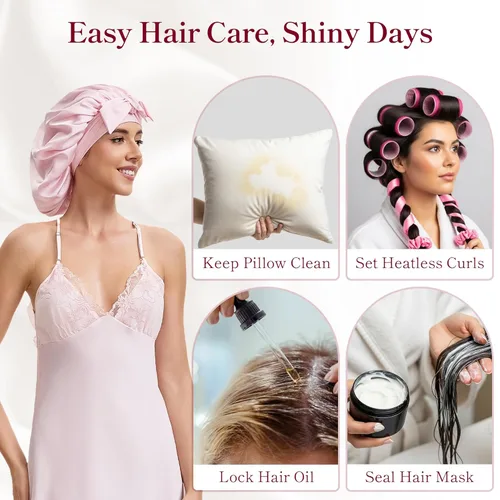 Miniatura 3 de Gorro de satén de seda con banda de amarre para dormir, para mujeres de cabello rizado: gorro de noche para cabello liso, ondulado, ensortijado, Rosa